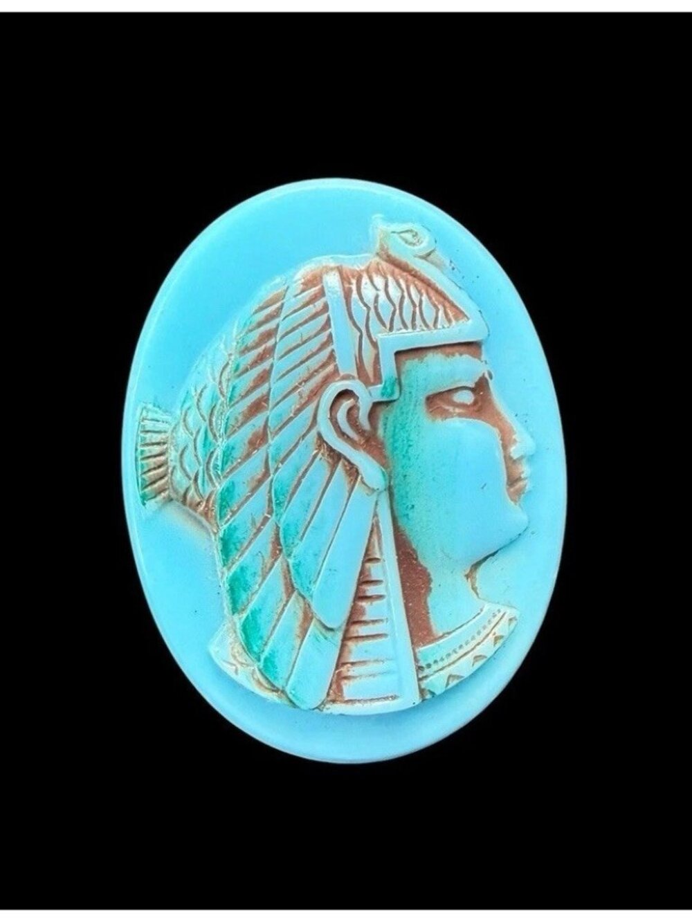 Egyptian Revival Blue Carved Glass Oval Cameo Nefertiti Queen